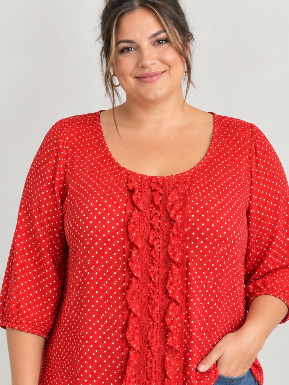 Vibrant Red Polka Dot Blouse with Ruffle Trim Detail - Plus Size